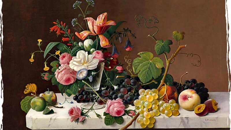 Still Life with Fruit and Flowers — Brown, Calm, Painting, Grapes