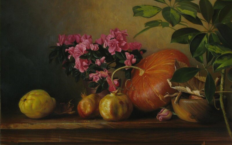 Still Life with Fruit and Flowers — Brown, Calm, Painting, Pumpkin