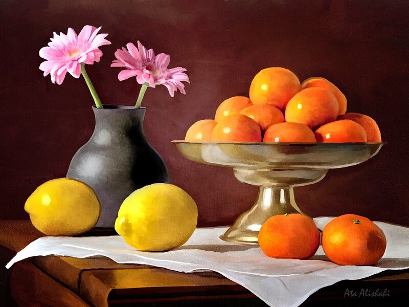 Still Life with Fruit and Flowers — Brown, Calm, Painting, Vase