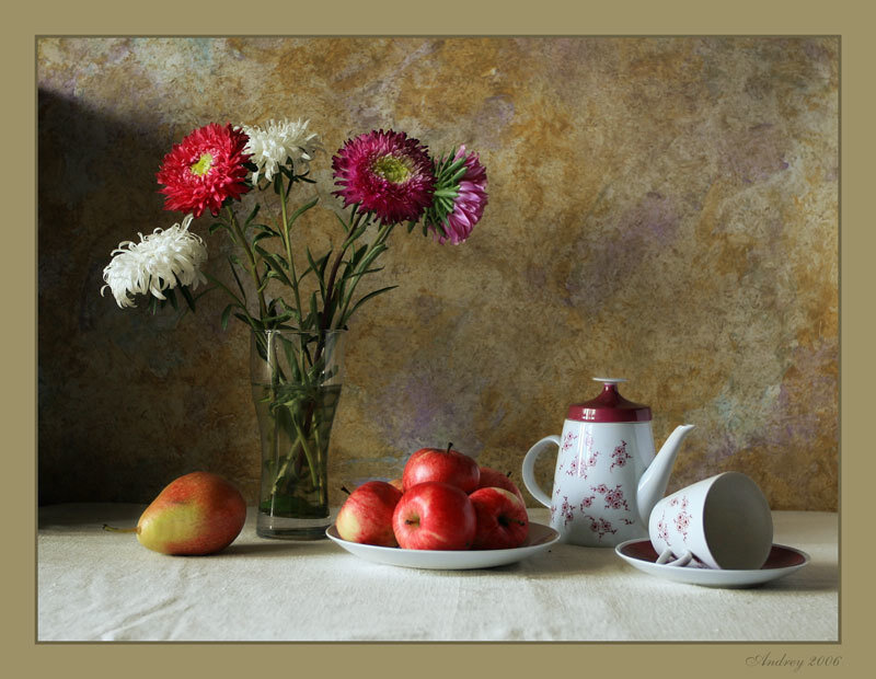 Still Life with Fruit and Flowers — Brown, Calm, Photograph, Apples