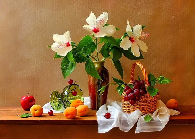 Still Life with Fruit and Flowers — Brown, Calm, Photograph, Grapes