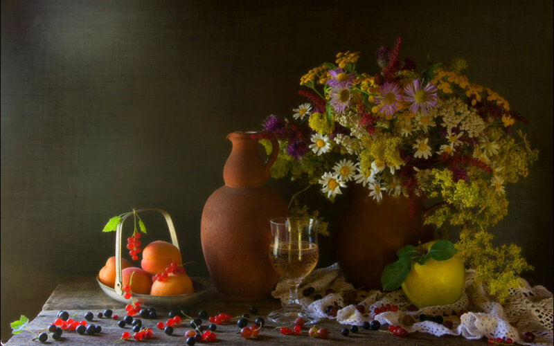 Still Life with Fruit and Flowers — Brown, Calm, Photograph, Vase