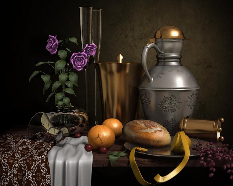 Still Life with Fruit and Flowers — Brown, Dramatic, 3d Render