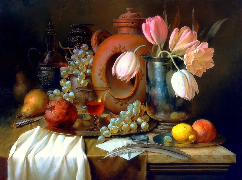 Still Life with Fruit and Flowers — Brown, Dramatic, Painting, Grapes
