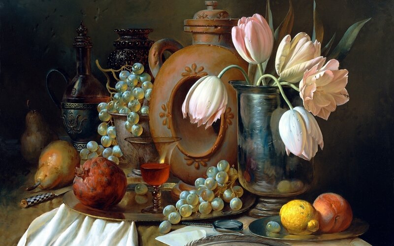 Still Life with Fruit and Flowers — Brown, Dramatic, Painting, Grapes, Tulips