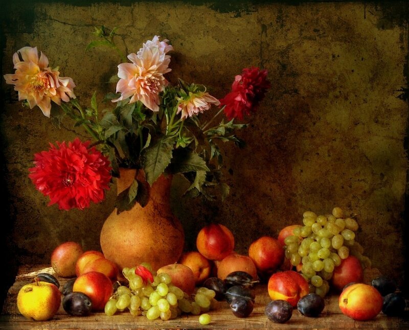 Still Life with Fruit and Flowers — Brown, Dramatic, Painting