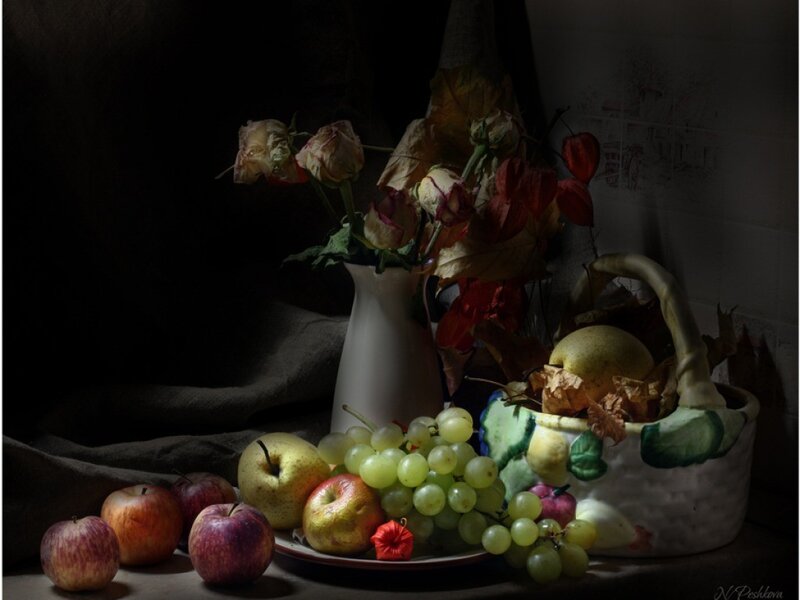 Still Life with Fruit and Flowers — Brown, Dramatic, Photograph, Apples, Grapes