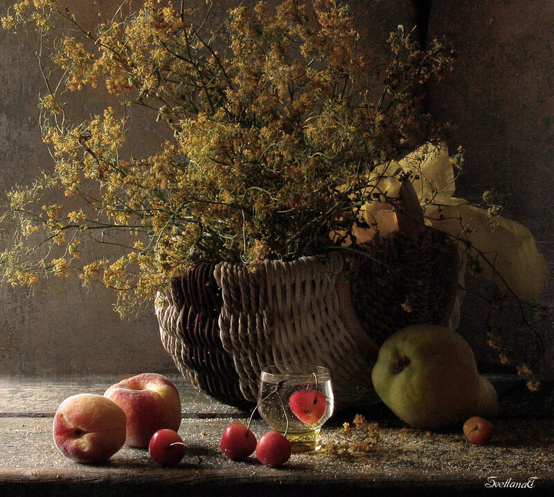 Still Life with Fruit and Flowers — Brown, Dramatic, Photograph, Basket