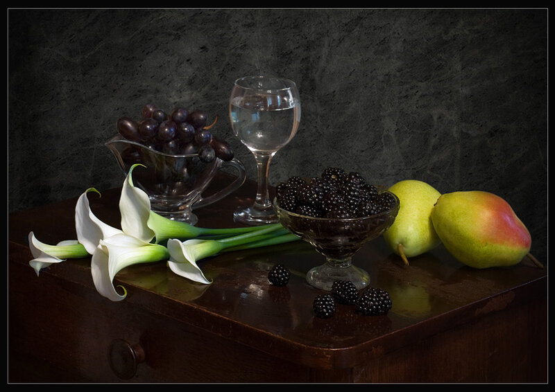 Still Life with Fruit and Flowers — Brown, Dramatic, Photograph