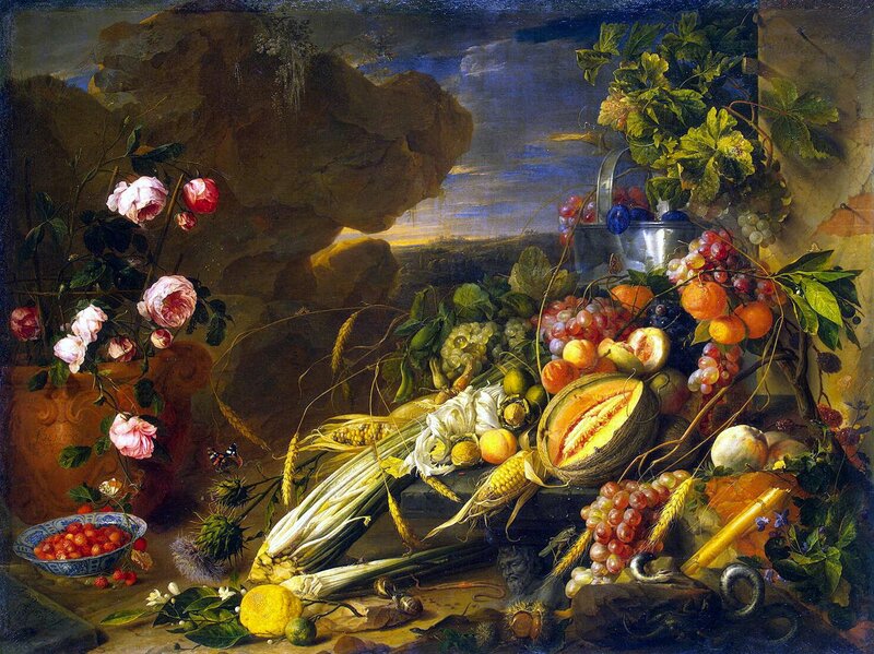 Still Life with Fruit and Flowers — Brown, Dramatic, Sunset