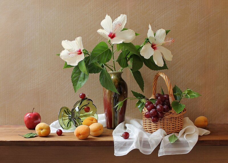 Still Life with Fruit and Flowers — Brown, Serene, Photograph, Grapes, Apples