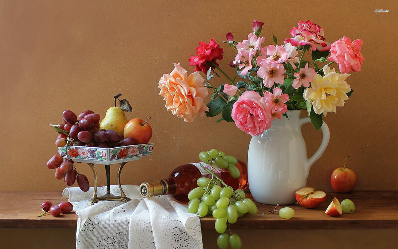 Still Life with Fruit and Flowers — Brown, Serene, Photograph, Grapes