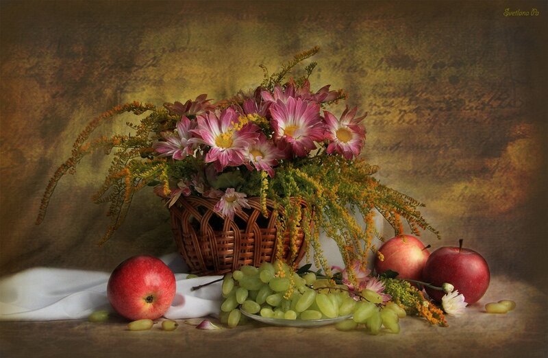 Still Life with Fruit and Flowers — Brown, Serene