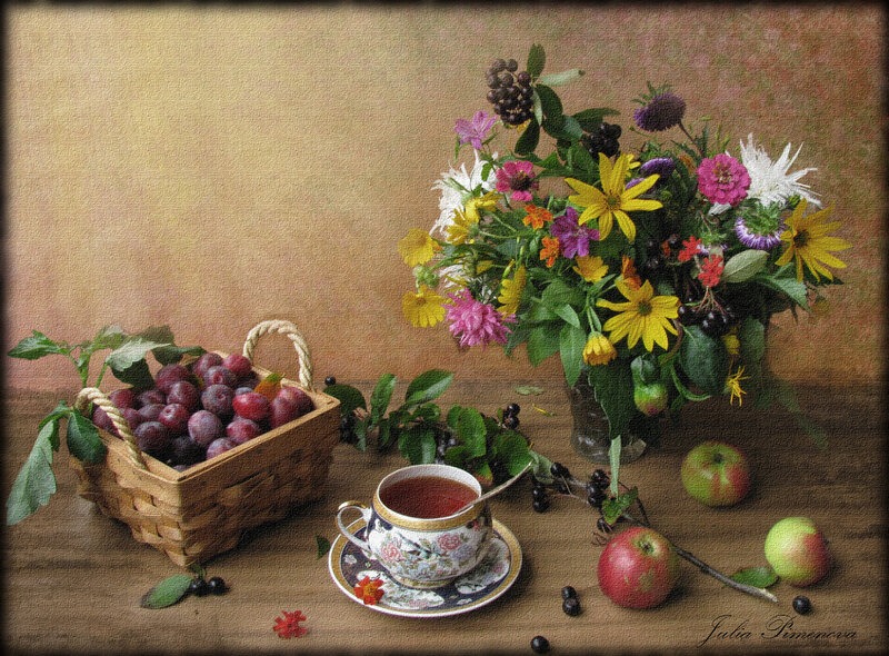 Still Life with Fruit and Flowers — Brown