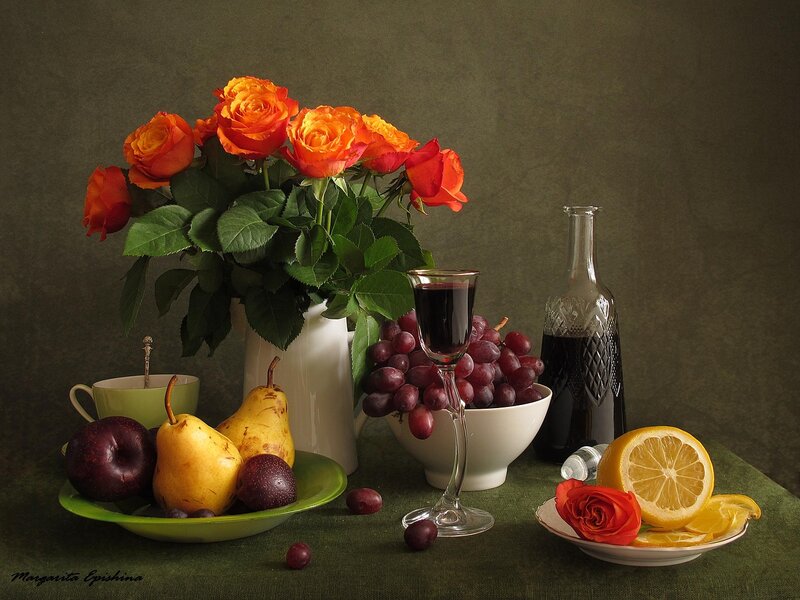 Still Life with Fruit and Flowers — Green, Calm