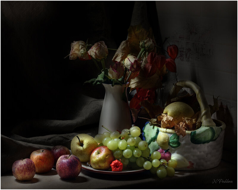 Still Life with Fruit and Flowers — Green, Dramatic, Night