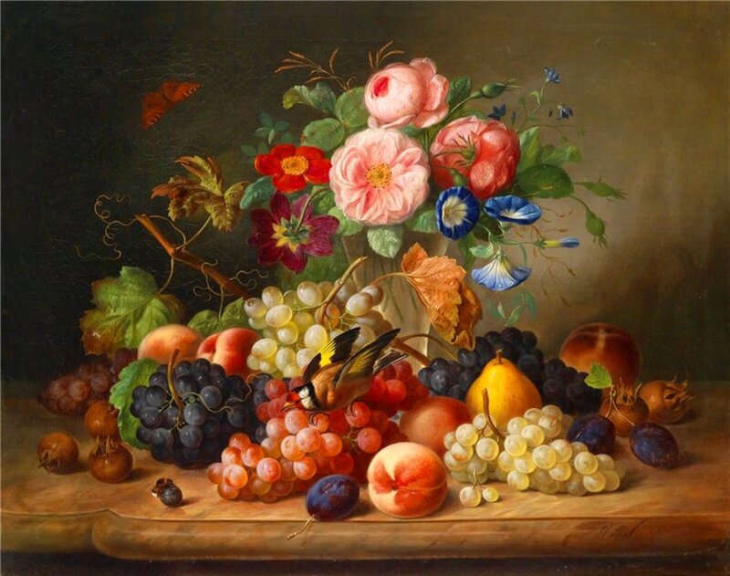 Still Life with Fruit and Flowers — Green, Dramatic, Painting