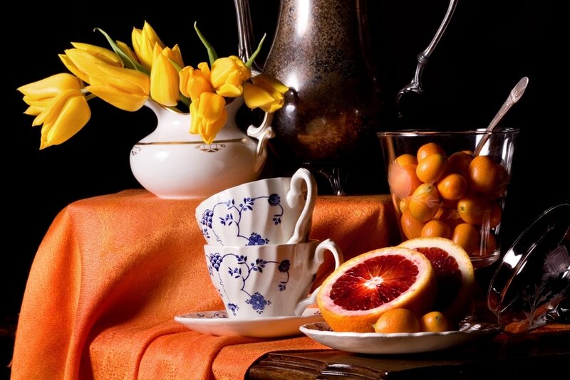 Still Life with Fruit and Flowers — Orange, Dramatic