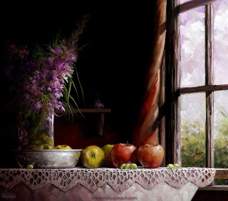 Still Life with Fruit and Flowers — Purple, Dramatic, Afternoon