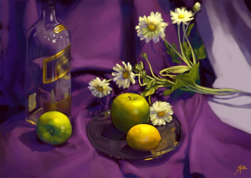 Still Life with Fruit and Flowers — Purple, Dramatic, Digital Art
