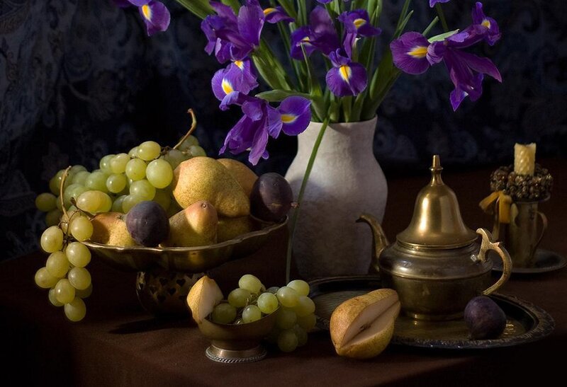 Still Life with Fruit and Flowers — Purple, Dramatic