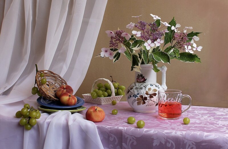 Still Life with Fruit and Flowers — Purple, Serene