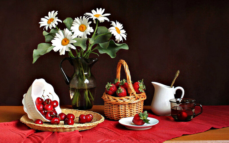 Still Life with Fruit and Flowers — Red, Calm, Photograph, Basket