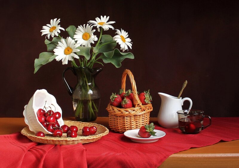 Still Life with Fruit and Flowers — Red, Calm, Photograph, Daisies
