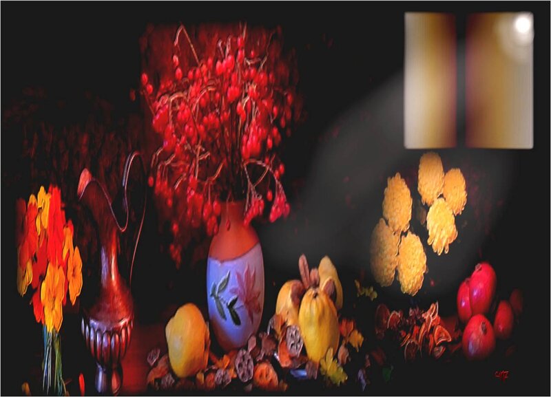 Still Life with Fruit and Flowers — Red, Dramatic, Night