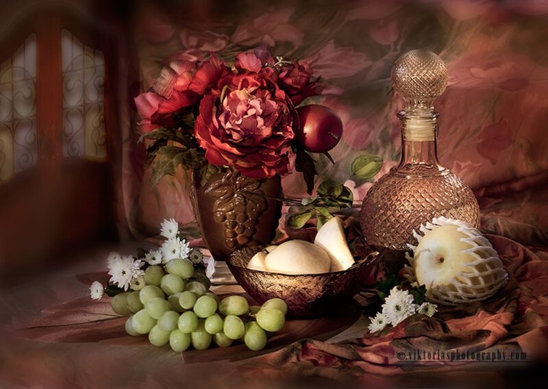 Still Life with Fruit and Flowers — Red, Dramatic, Photograph