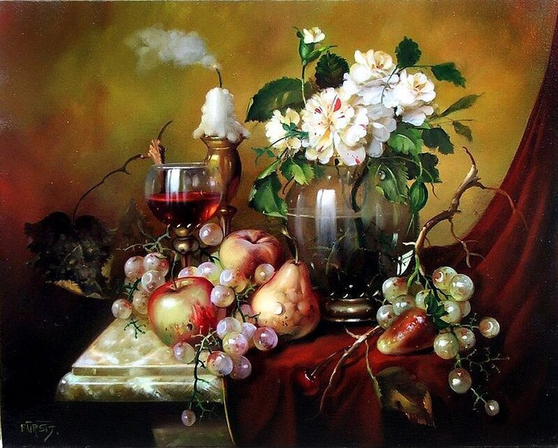 Still Life with Fruit and Flowers — Red, Dramatic