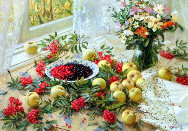 Still Life with Fruit and Flowers — White, Serene