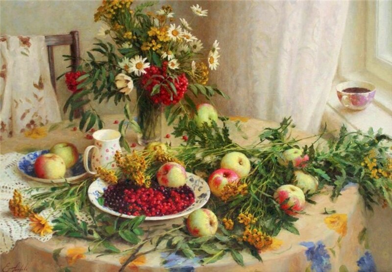 Still Life with Fruit and Flowers — Yellow, Serene