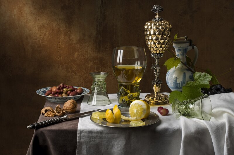 Still Life with Fruit and Glassware — Brown, Dramatic