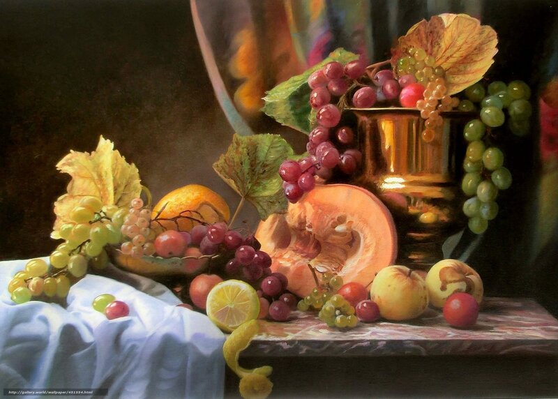 Still life with fruit and grapes