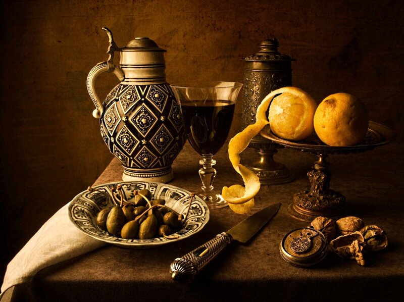 Still Life with Fruit and Jug — Brown, Dramatic