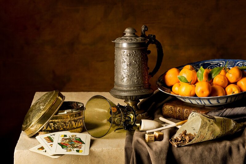 Still Life with Fruit and Objects — Brown, Dramatic