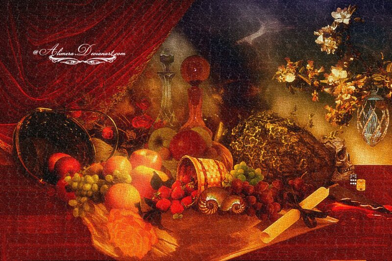 Still Life with Fruit and Objects — Red