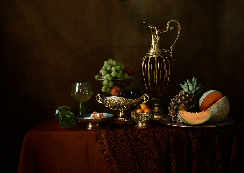 Still Life with Fruit and Pitcher — Brown, Dramatic