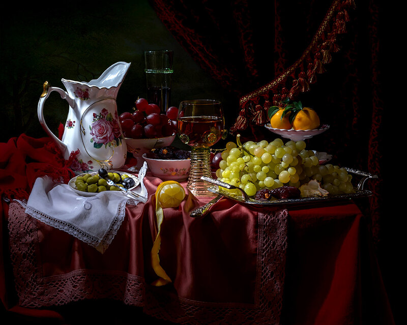 Still Life with Fruit and Pitcher — Red, Dramatic, Photograph