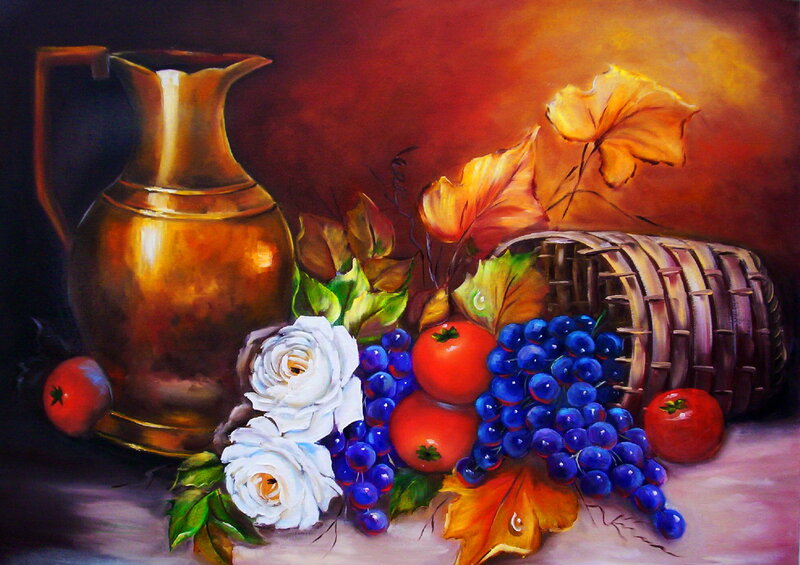 Still Life with Fruit and Pitcher — Red, Dramatic