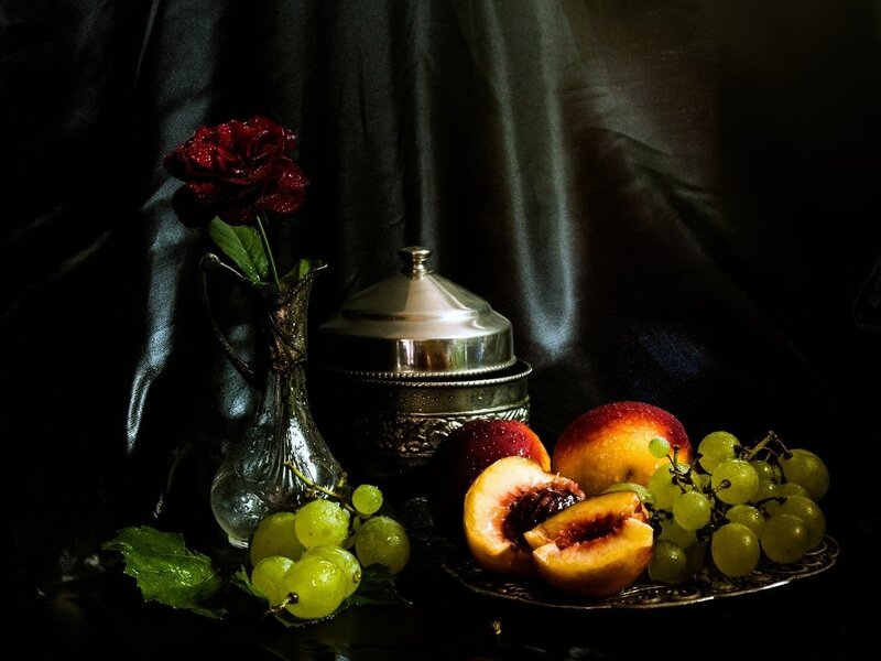 Still Life with Fruit and Rose — Black