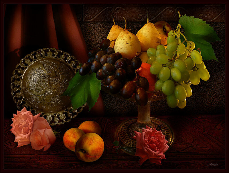 Still life with fruit and roses