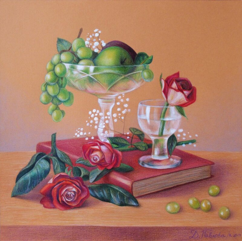 Still Life with Fruit and Roses — Brown, Calm