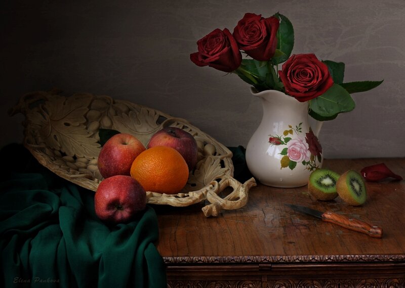 Still Life with Fruit and Roses — Brown, Dramatic