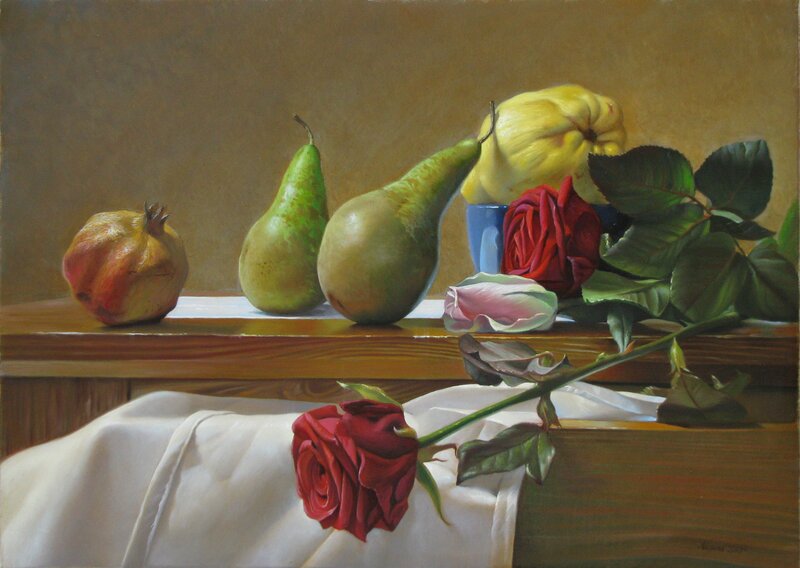 Still Life with Fruit and Roses — Brown