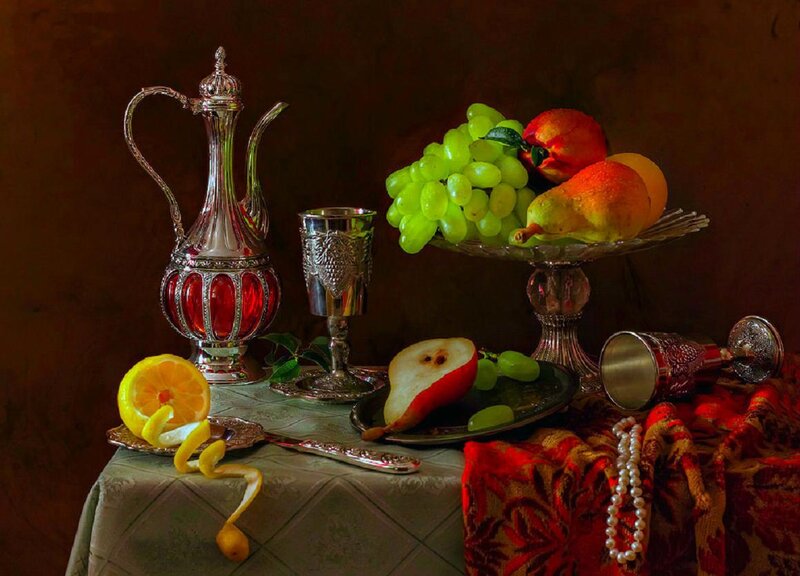 Still Life with Fruit and Silverware — Brown