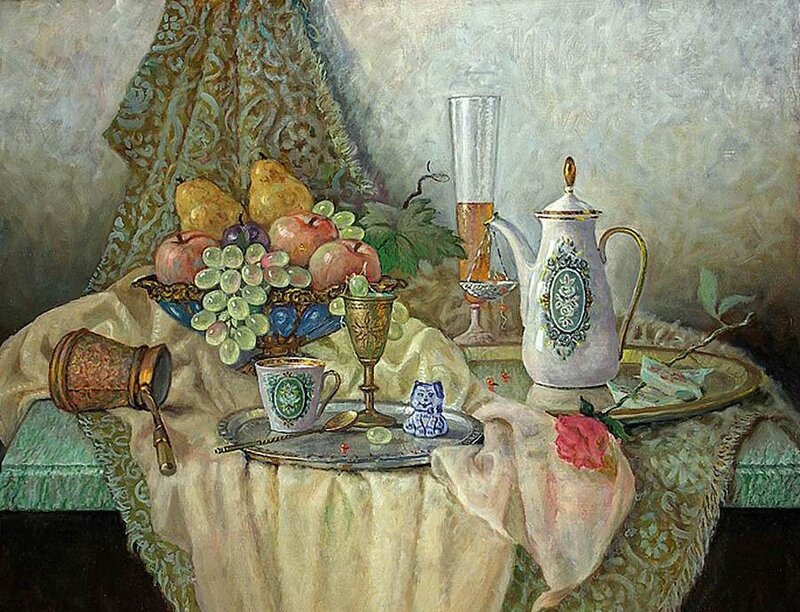Still Life with Fruit and Tea Set
