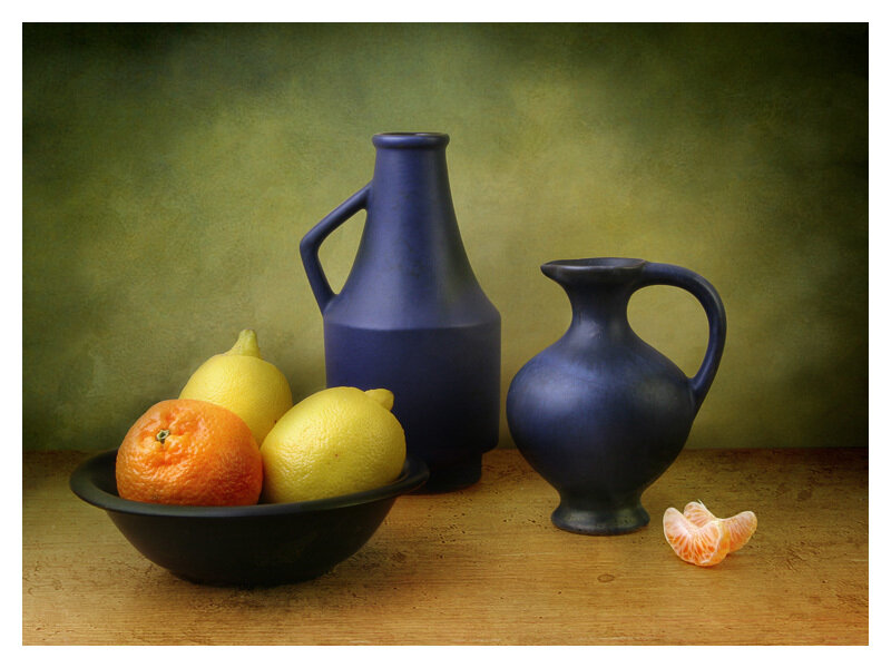 Still life with fruit and vases