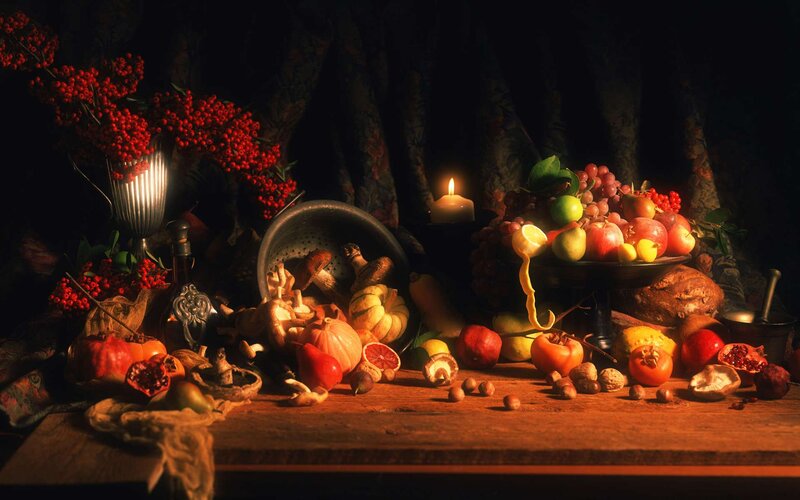 Still Life with Fruit and Vegetables — Brown, Dramatic, Night